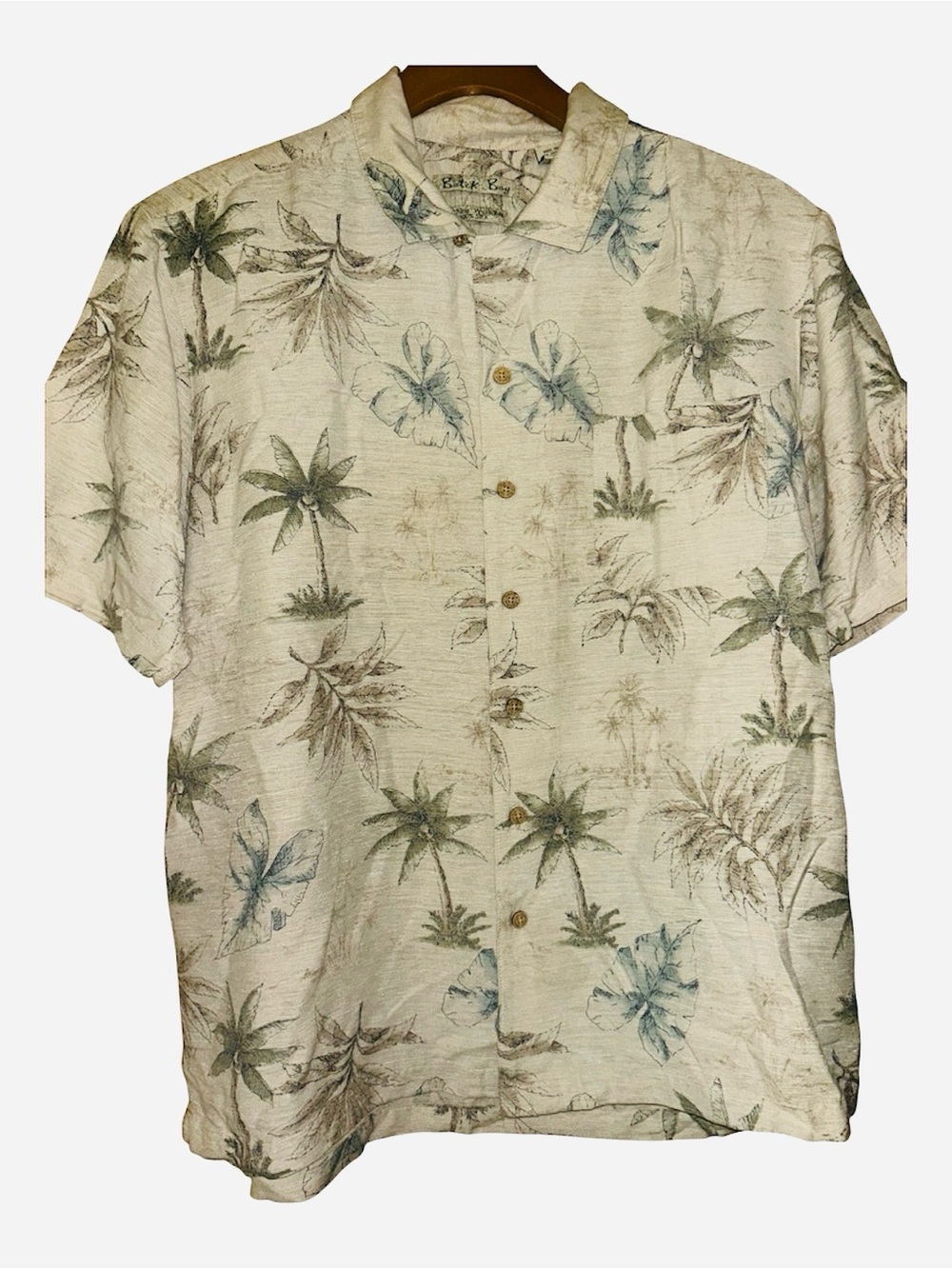 Men's Short-Sleeve Tropical Print Shirt - Cream with Green & Blue silk